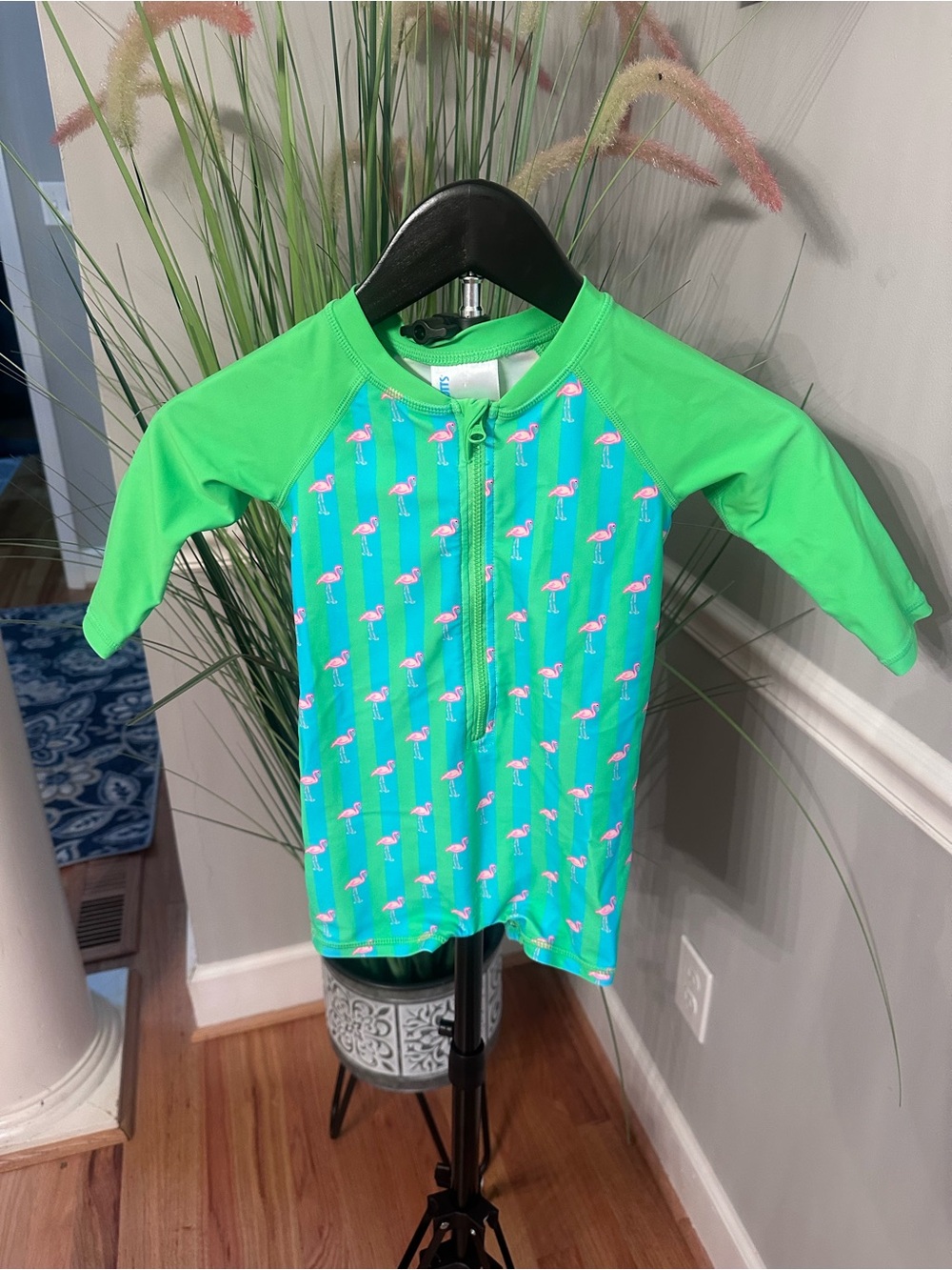 Ruggedbutts Kids Green Flamingo Rash Guard Swimsuit - Short Sleeve